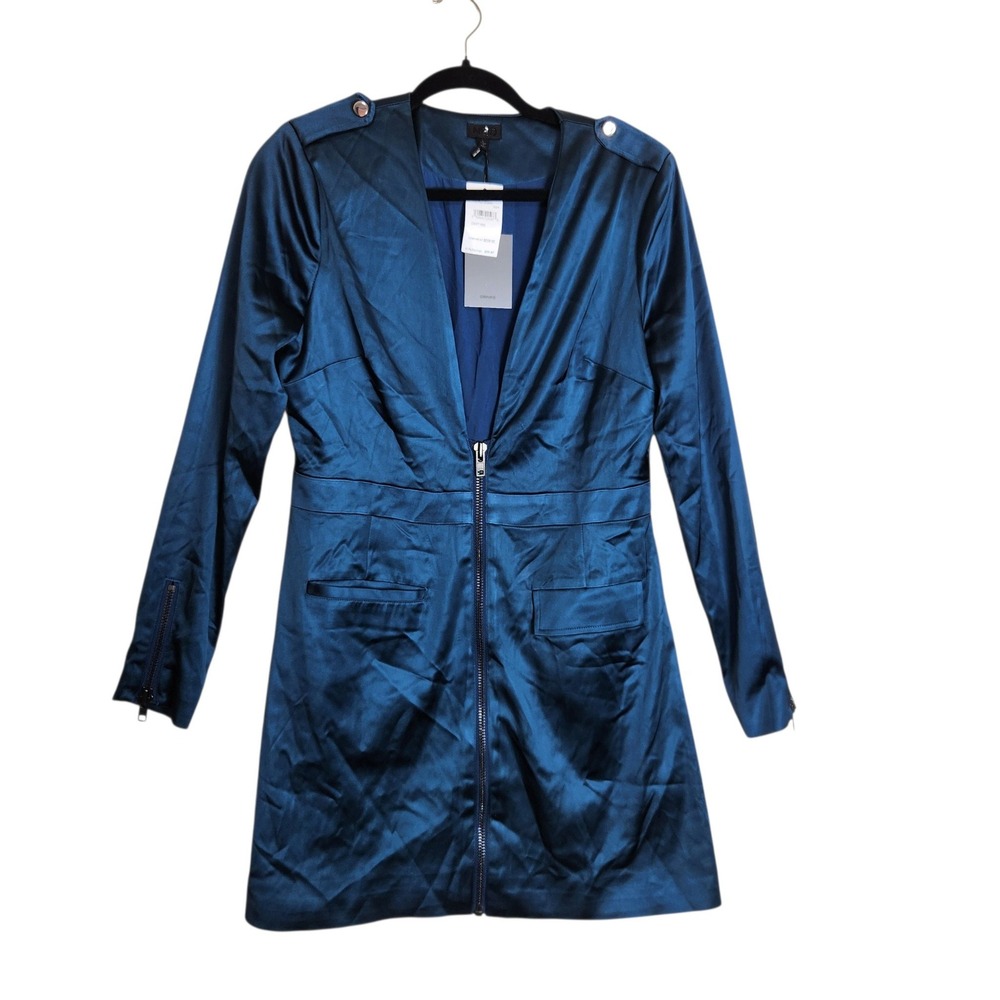 NBD Navy Blue Satin Long Sleeve Zip Front Mini Dress NBDR2120WH Size L